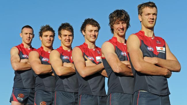 Melbourne’s 2009 draftees (from left): Tom Scully, Luke Tapscott, Jack Trengove, Jordan Gysberts, Jack Fitzpatrick, Max Gawn.