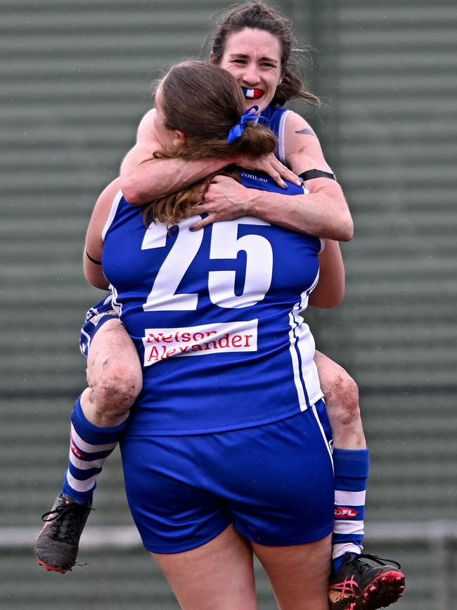 Jacinta Brew celebrates a goal with Coburg Districts teammate Chiara Chiavaroli. Picture: Andy Brownbill