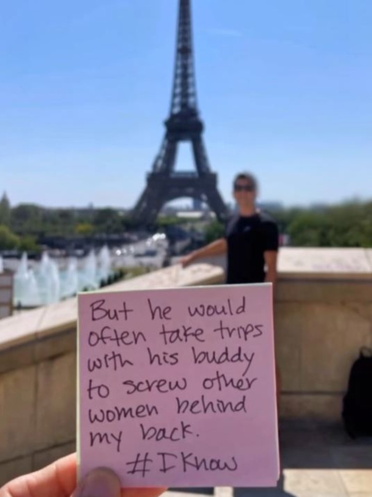 Her elaborate plan involved taking photos of him in front of iconic tourist spots with scathing notes detailing his escapades. Picture: TikTok/@iknow_girl