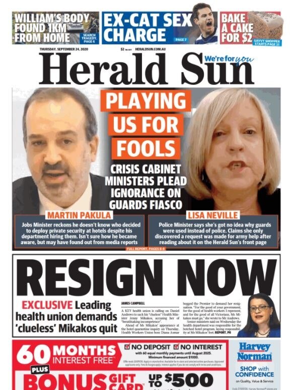 Herald Sun front page, Thursday. <a href="https://heraldsun.digitaleditions.com.au/index.php?silentlogin=1">Download the digital print edition (subscribers only)</a>