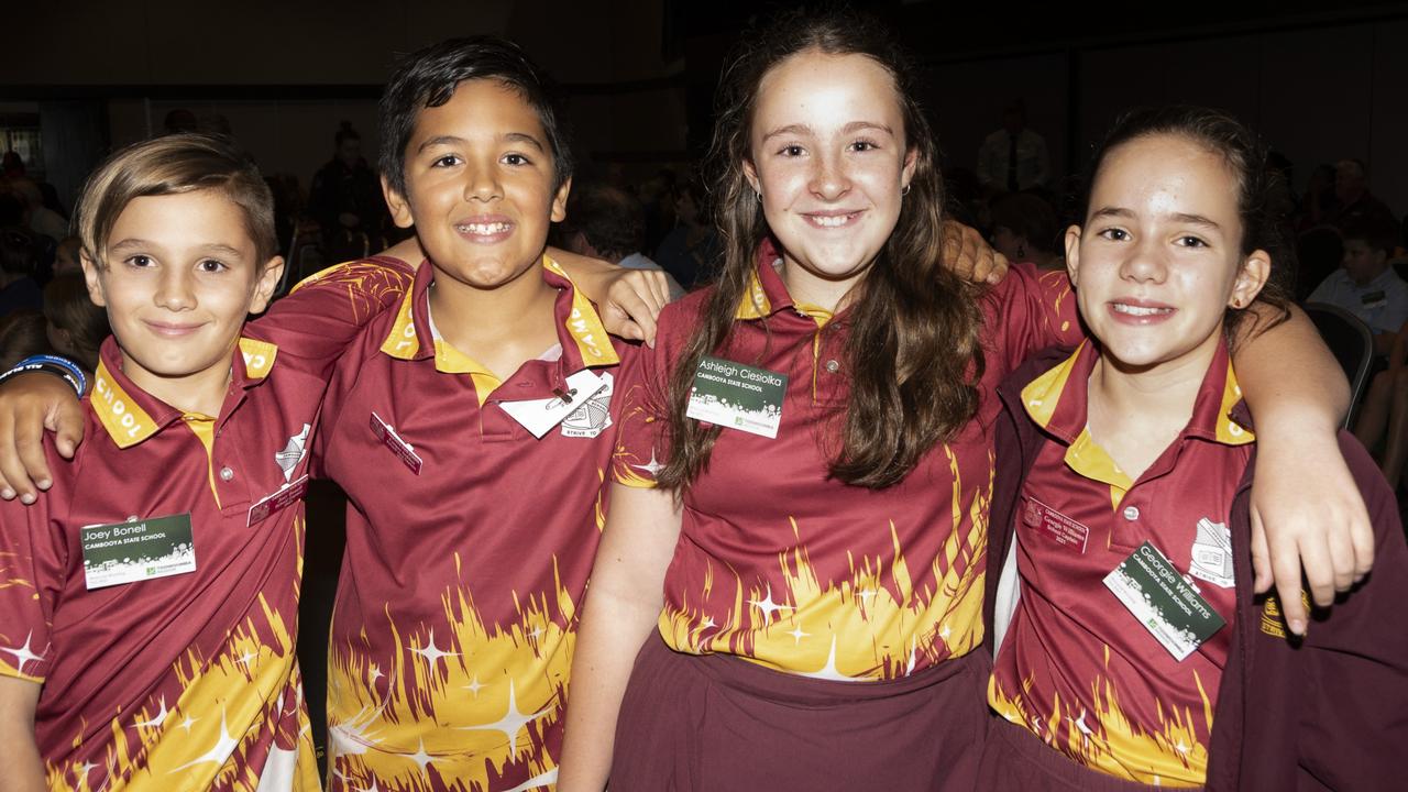 Cambooya state School student leaders (from left) Joey Bonell, Cooper Seddon, Ashleigh Ciesiolka and Gergie Wiliams at the Toowoomba regional mayor and councillor’s primary school captains and leaders morning tea at the Highfields Cultural Centre. Picture: Bev Lacey