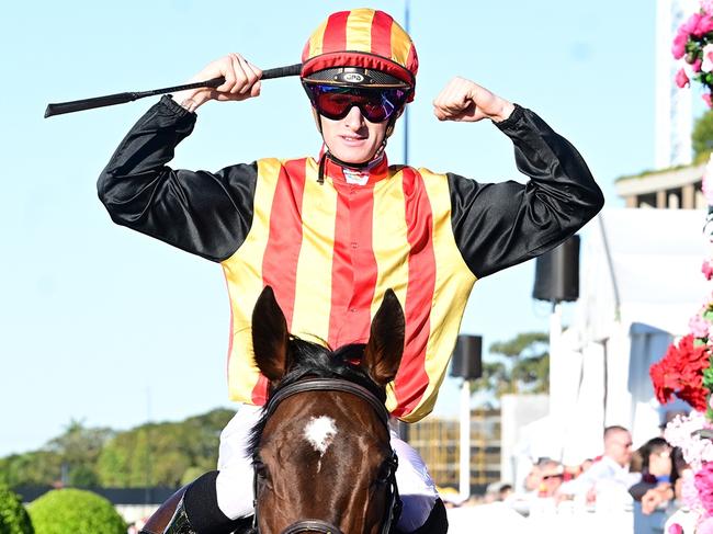 Chris Munce and Kyle Wilson-Taylor combine to win their first Group 1 with Palaisipan in the Tattersall's Tiara at Eagle Farm. Picture: Grant Peters - Trackside Photography