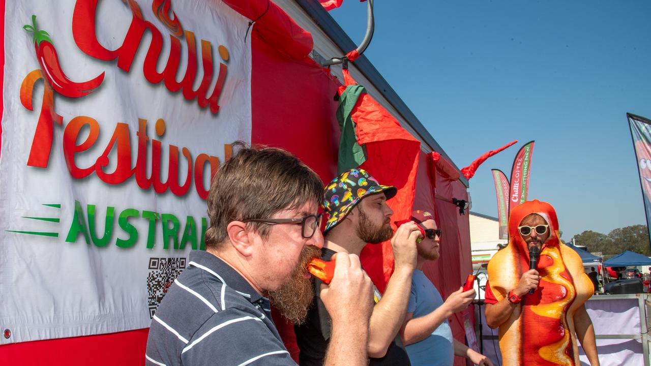 Daniel Rose in the Chilli Dog Championship at the Murphys Creek Chilli and Craft carnival. Sunday, September 22, 2024. Picture: Nev Madsen