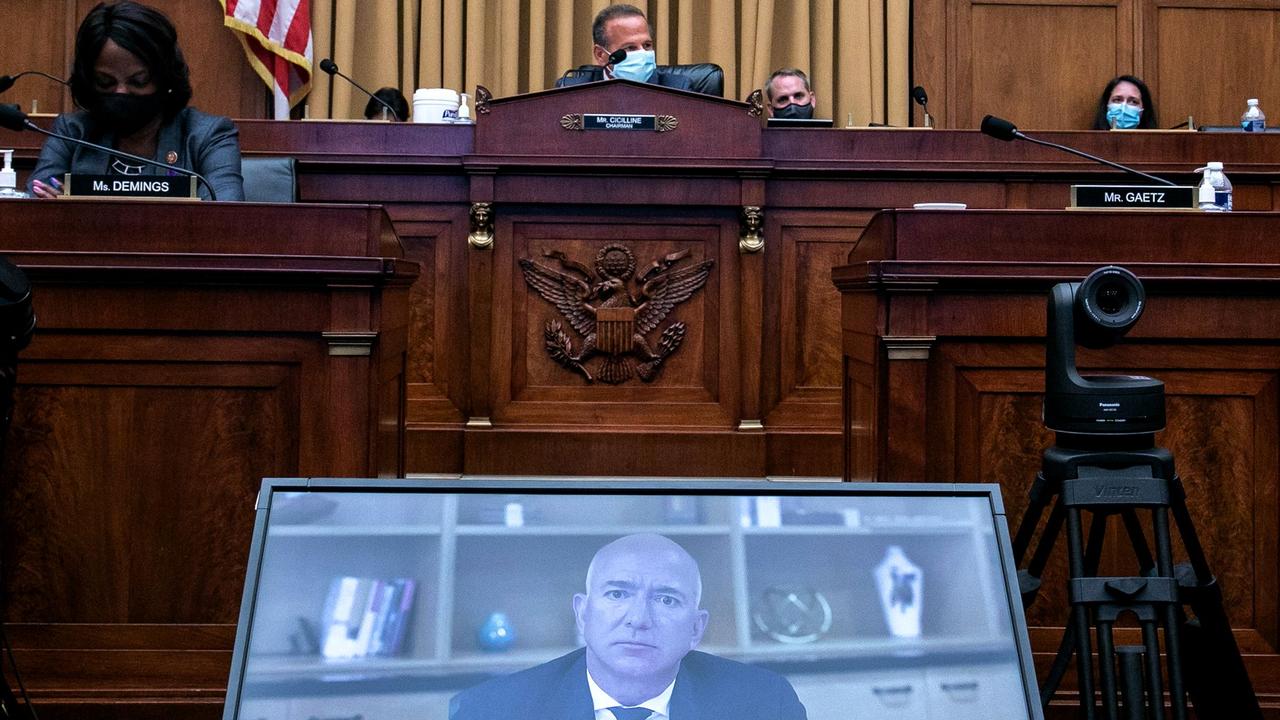 Amazon CEO Jeff Bezos (on screen) testifies virtually before the House Judiciary Subcommittee on Antitrust, Commercial and Administrative Law hearing on Online Platforms and Market Power. Picture: Graeme Jennings/AFP