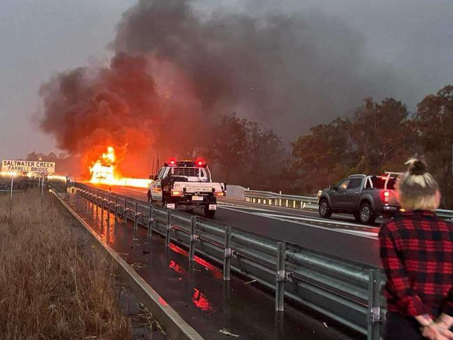 A truck has burst into flames after a crash on the Bruce Highway at Aldershot near Maryborough.