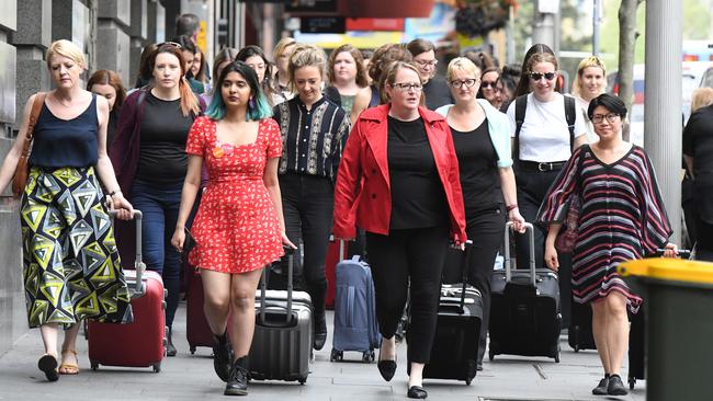 Protesters symbolise the 29 women each week who travel interstate from New South Wales to get abortions. Picture: AAP Image/Peter Rae