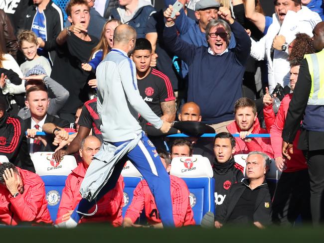LONDON, ENGLAND - OCTOBER 20:  A member of the backroom staff at Chelsea celebrates his sides second goal infront of Jose Mourinho, Manager of Manchester Unied during the Premier League match between Chelsea FC and Manchester United at Stamford Bridge on October 20, 2018 in London, United Kingdom.  (Photo by Catherine Ivill/Getty Images)