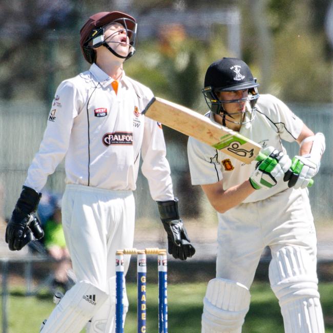 Kensington wicket keeper Mason Robinson reacts while Port Adelaide’s Mackenzie Best bats during the teams’ clash at Port Adelaide reserve on Saturday. Picture: AAP / Morgan Sette