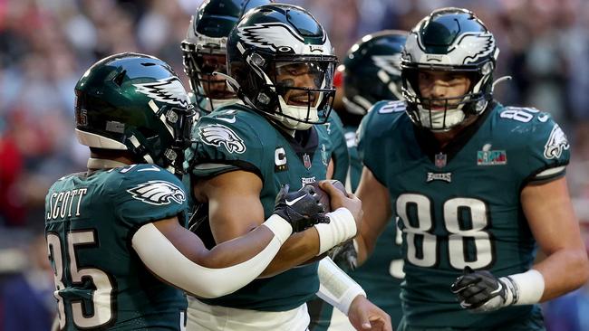 Jalen Hurts celebrates after scoring the opening touchdown for Philadelphia. Picture: Getty Images