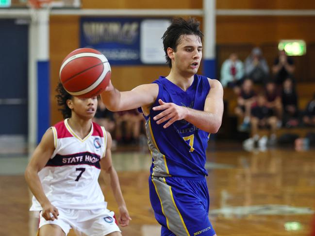 Action from the GPS basketball round 1 match between Brisbane State High and Churchie. Pictured is ChurchieÃs Oskar Olechnowicz. Picture: Tertius Pickard