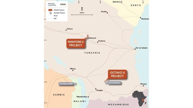 The Manyoni and Octavo uranium projects. Picture: Moab Minerals