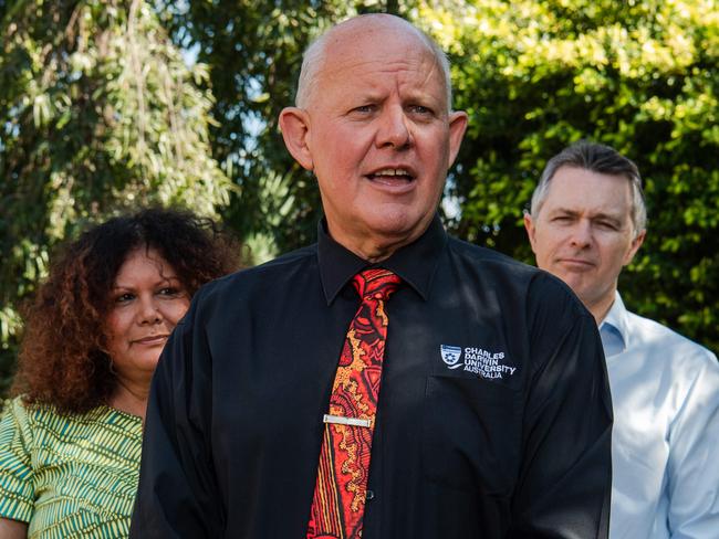 Indigenous Australians Minister Malarndirri McCarthy, Charles Darwin University Pro Vice-Chancellor Scott Bowman and Federal Education Minister Jason Clare announce $40,000 scholarships for NT student teachers. Picture: Pema Tamang Pakhrin