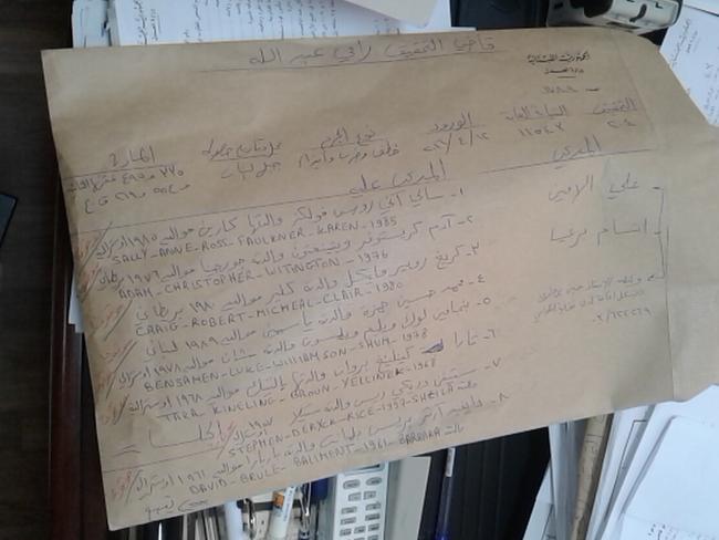 The judge's legal documents are contained in this envelope — English names are below the Arabic writing. Picture: Supplied