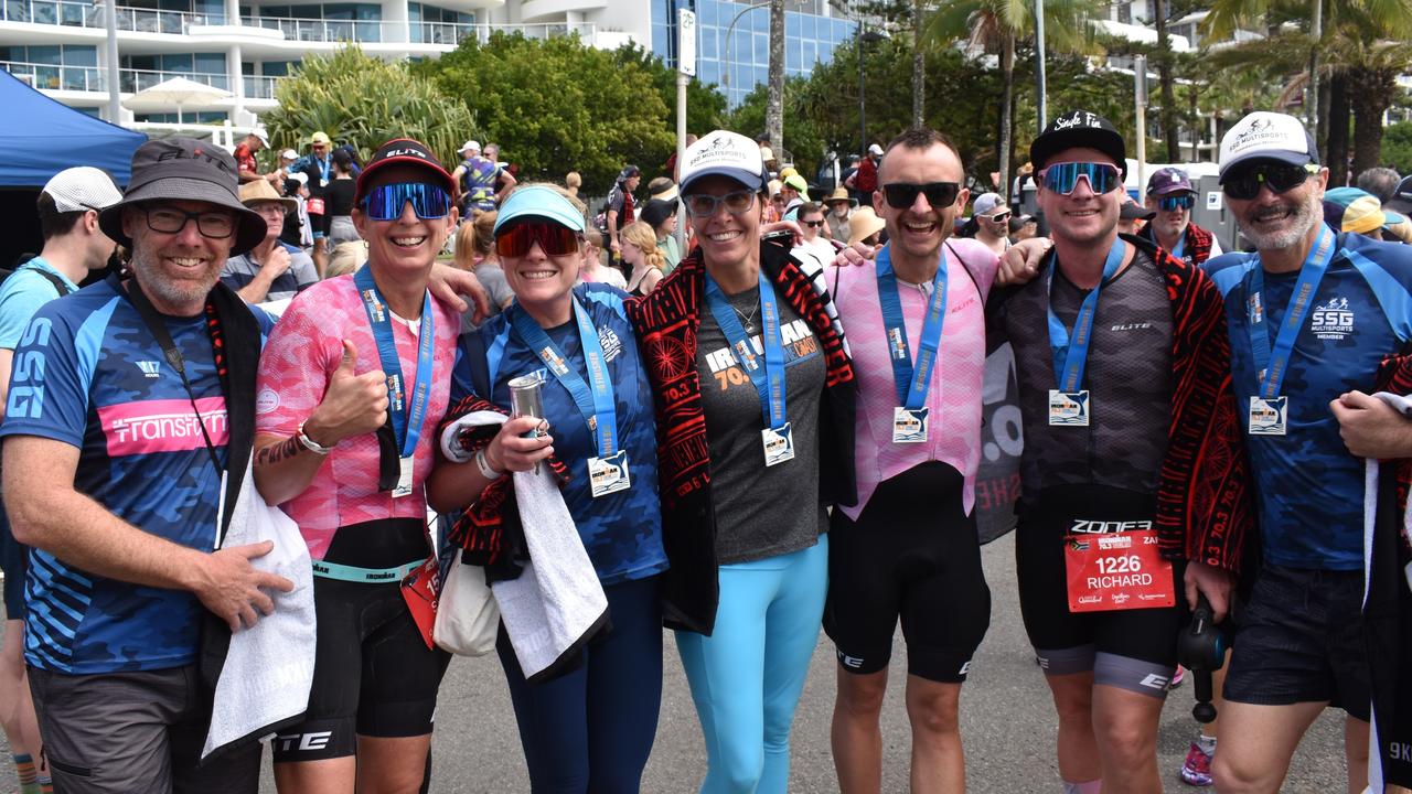 SSG Multisports Team - Sherie Bates, Natasha Gilmour, Malcolm Wesner, Keira Clark, Steve McCulloch, Dane Roffey and Richard Salmonsen at the Sunshine Coast Ironman 70.3 at Mooloolaba 2022.