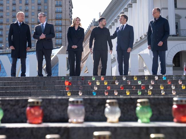 The European leaders, plus Volodymyr Zelensky’s wife Olena Zelenska, in Maidan Square in Kyiv. Picture: Stefan Rousseau - WPA Pool/Getty Images