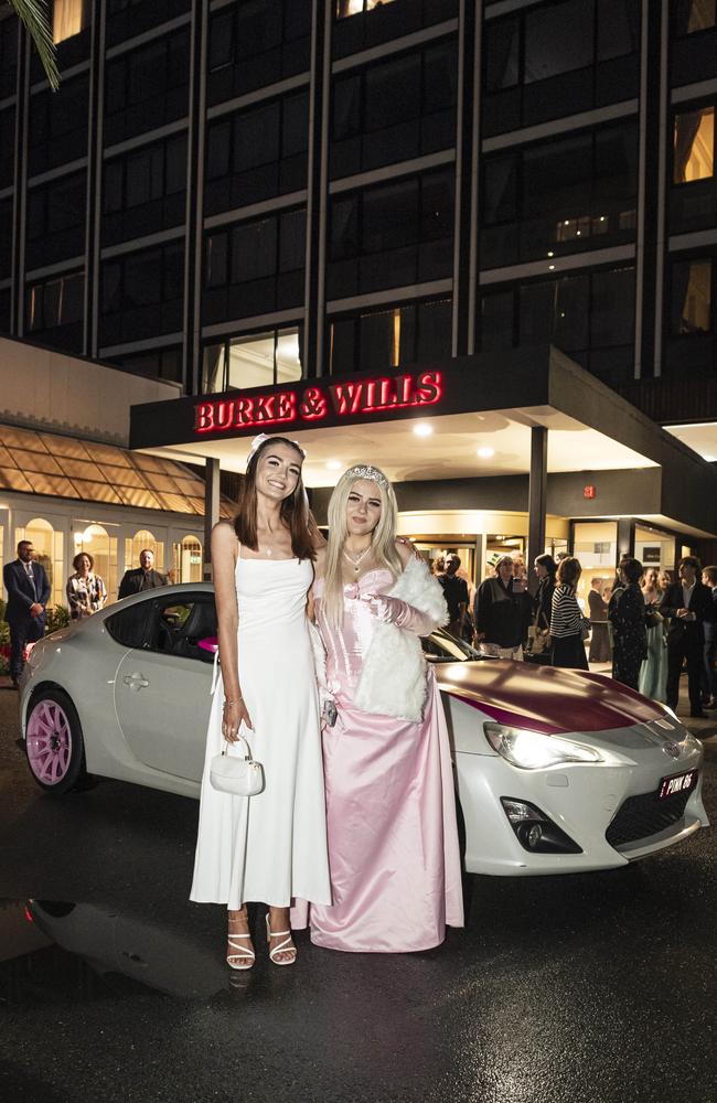 Toowoomba Flexi School graduate Shanyce Paige (right) with partner Roxanne Ashley to the formal at Burke and Wills Hotel, Thursday, October 10, 2024. Picture: Kevin Farmer