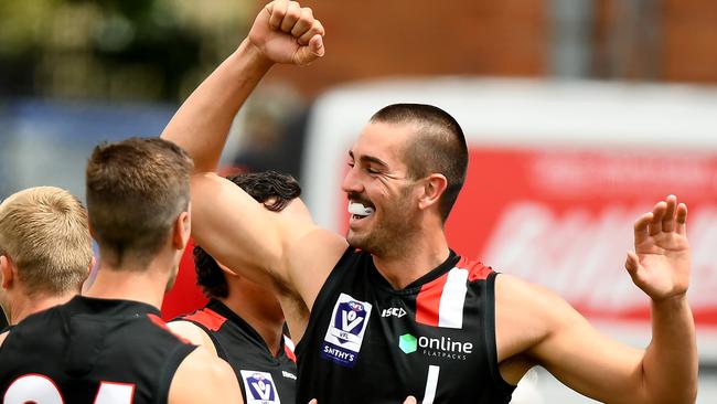 Noah Gown of Frankston celebrates a goal. (Photo by Josh Chadwick/AFL Photos/via Getty Images)