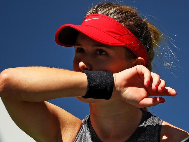 NEW YORK, NY - AUGUST 30: Eugenie Bouchard of Canada reacts against Evgeniya Rodina of Russia after their first round Women's Singles match on Day Three of the 2017 US Open at the USTA Billie Jean King National Tennis Center on August 30, 2017 in the Flushing neighborhood of the Queens borough of New York City.   Clive Brunskill/Getty Images/AFP == FOR NEWSPAPERS, INTERNET, TELCOS & TELEVISION USE ONLY ==