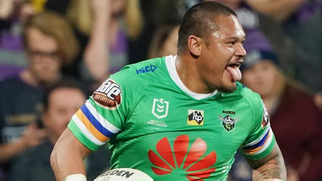 Joey Leilua of the Raiders runs with the ball over the try line but was later overused during the NRL Second Qualifying match between the Melbourne Storm and the Canberra Raiders at AAMI Park in Melbourne, Saturday, September 14, 2019. (AAP Image/Michael Dodge) NO ARCHIVING, EDITORIAL USE ONLY