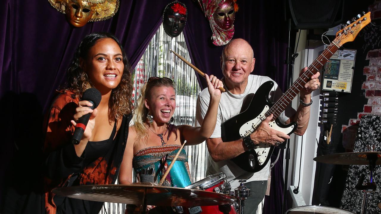 In 2020, the Elixir Bar held Party with a Purpose, a relief concert which will raise funds for bush fire victims. Tee Ketu, pictured with Sky Rixon and Bill Shields from Elixir, will be one of 25 local artists performing at the concert. Picture: Brendan Radke