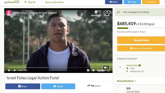 Screen Grab from Israel Folau Go Fund Me account Snip taken at 18:00 on Sunday the 23rd of June, 4 days after the launch of the page. From source: https://au.gofundme.com/israel-folau-legal-action-fund