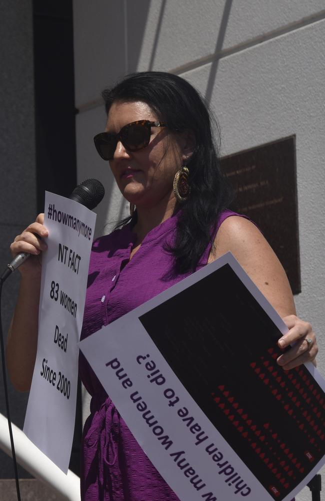 No One Left Behind founder Rebecca Forrest spoke outside NT parliament in Darwin as part of a Territory-wide day of action on Tuesday calling for action to address chronic domestic violence rates.