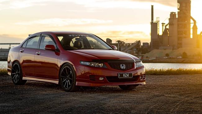 Joshua Michael Pump's red Honda Accord he was found to be involved in a street race while driving. Picture: Facebook