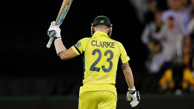 Michael Clarke salutes the crowd during the World Cup final. Picture: Colleen Petch