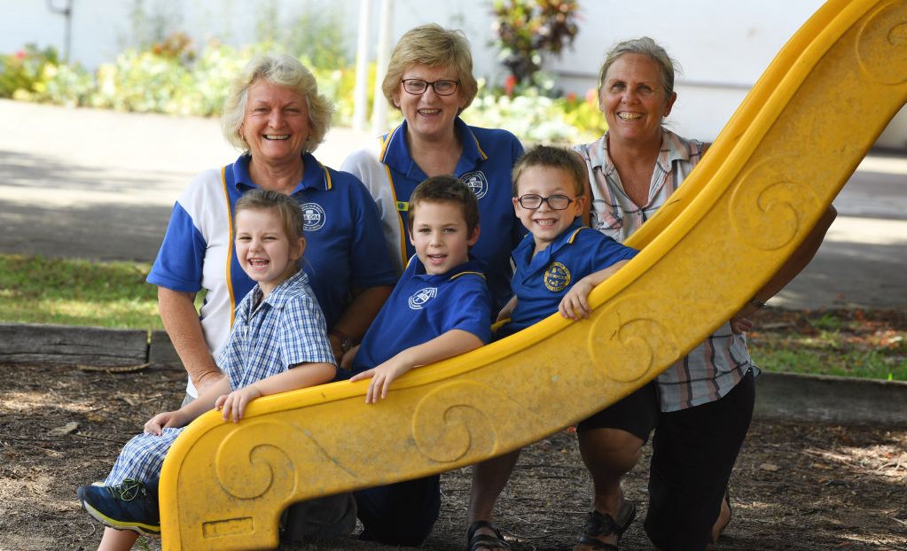 KIA ORA PREP: (Back from left) teacher aide Heather Dickson, teacher aide Marie Lally, teacher Thea Politanski. (front) Amelia Neuhahn, Noah Deihl, Taj McGrath. (absent) Rhys Thexton and Taylor Strachan. Picture: Renee Albrecht