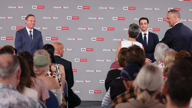 Premier Steven Miles and Opposition Leader David Crisafulli go head to head in the final election debate in front of 100 undecided voters at Suncorp Stadium. Pic: Adam Head