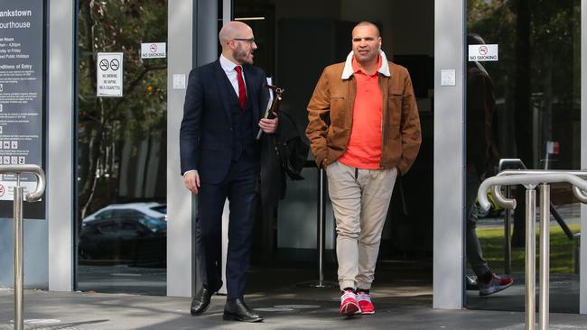 Mr Mundine (left) with his barrister Christopher Parkin (right) outside Bankstown Court. Picture: NewsWire / Gaye Gerard