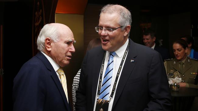 Treasurer Scott Morrison and former PM John Howard at the NRL Grand Final last night.