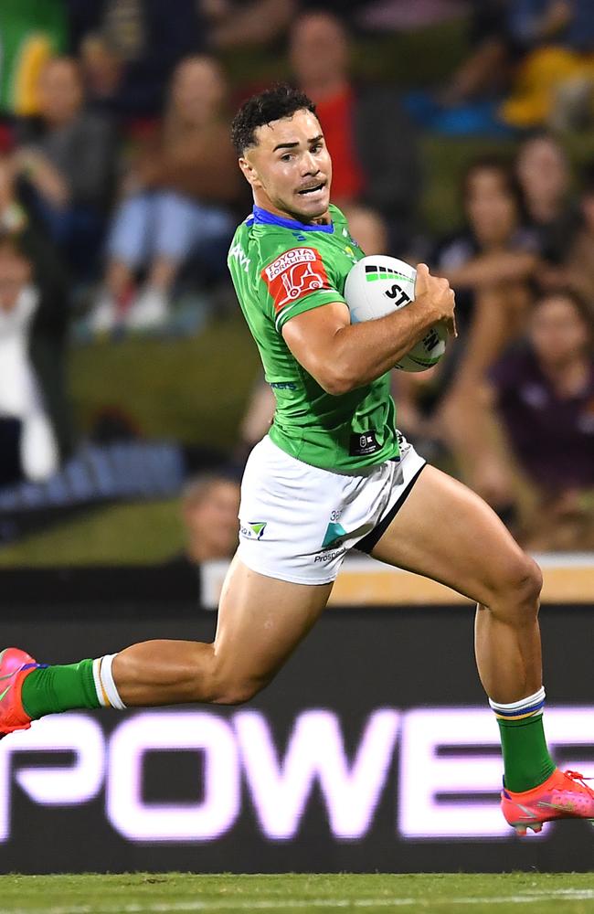 Harley Smith-Shields of the Raiders runs through before scoring a try that was later disallowed during the round 25 NRL match between the Canberra Raiders and the Sydney Roosters at BB Print Stadium, on September 02, 2021, in Mackay, Australia. Picture: Albert Perez