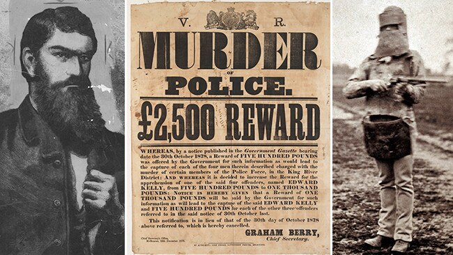 Ned Kelly is depicted in an illustration (left) and in a photograph (right). Centre: The wanted poster following the Kelly Gang's killing of three policemen.