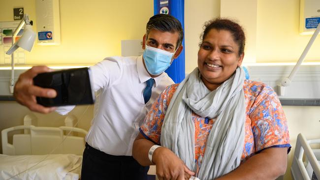 Rishi Sunak meets patient Sreeja Gopalan at London’s Croydon hospital on Friday. Picture: Getty Images