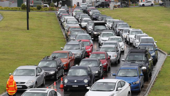 Traffic at the Dandenong testing centre on Sunday. Picture: David Crosling