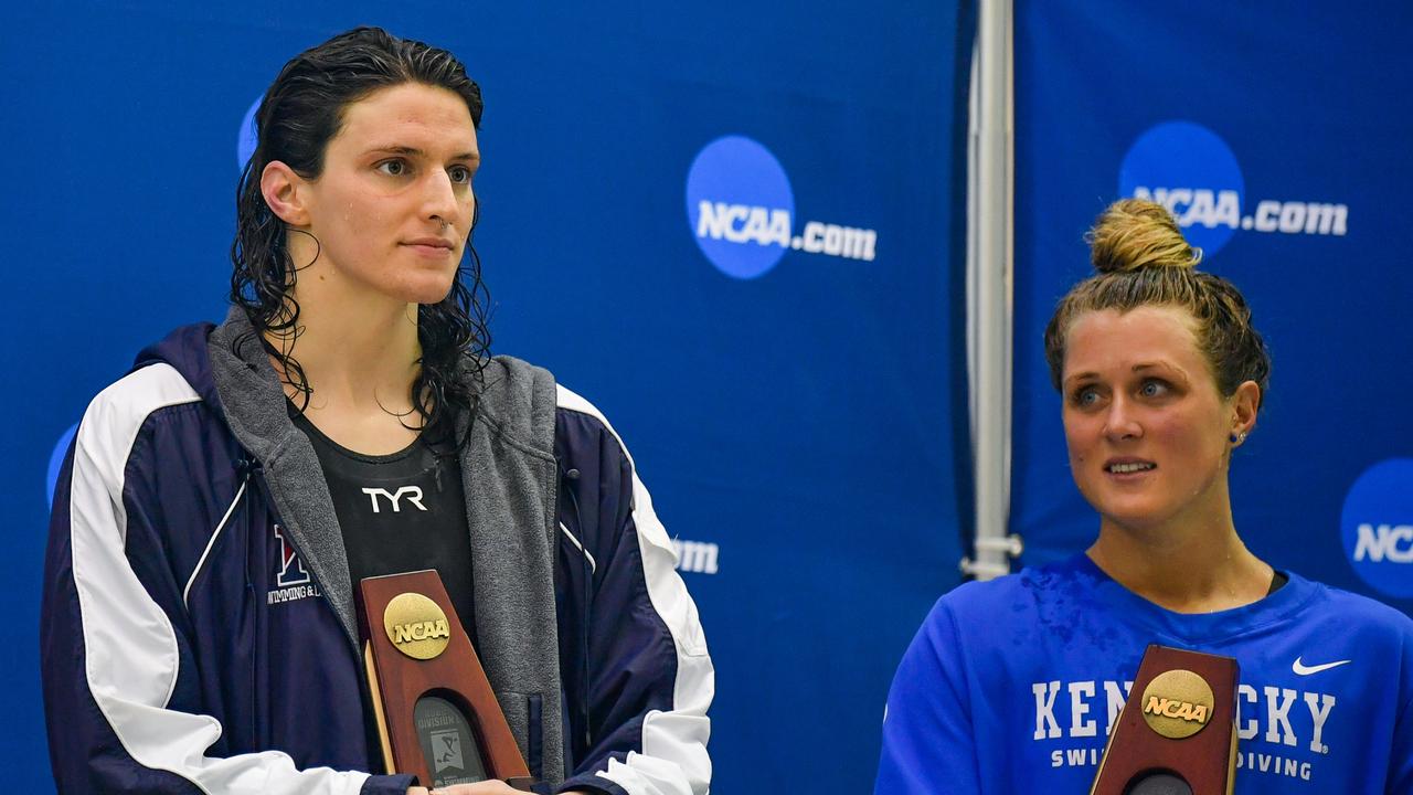 Lia Thomas and Kentucky swimmer Riley Gaines. Photo by Rich von Biberstein/Icon Sportswire via Getty Images.