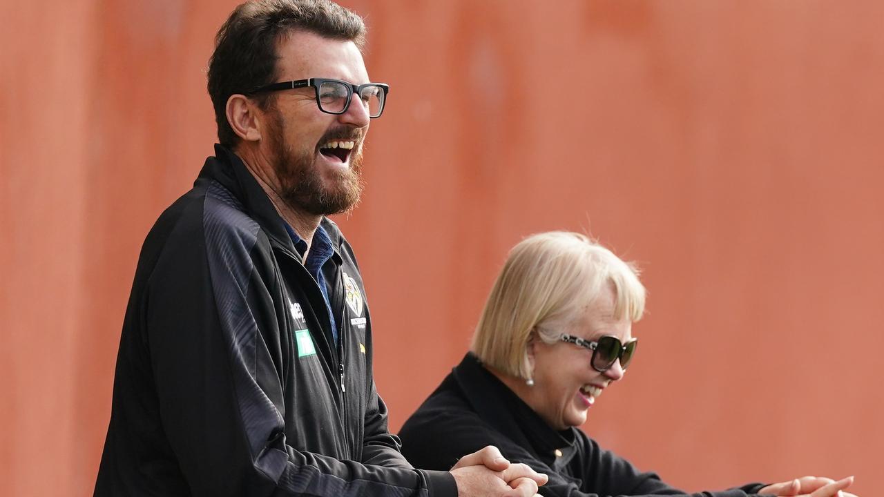 Brendon Gale and Peggy O’Neal watch on during Richmond training. Picture: AAP Images