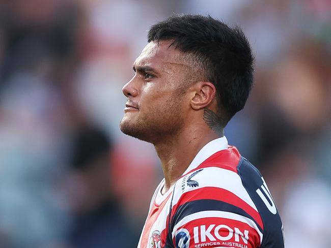 GOSFORD, AUSTRALIA - FEBRUARY 23: Spencer Leniu of the Roosters looks on during the 2025 NRL Pre-Season Challenge match between Sydney Roosters and Newcastle Knights at Industree Group Stadium on February 23, 2025 in Gosford, Australia. (Photo by Mark Metcalfe/Getty Images)