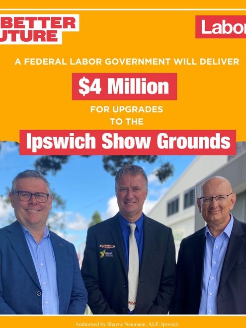 New LNP by-election candidate Darren Zanow (centre) with Labor Senator Murray Watt (left) and Labor MP Shayne Neumann (right) in 2022 election campaign material. Picture: Twitter.