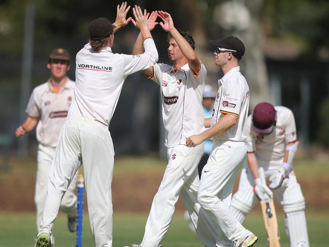 Kensington's John Dalton congratulates bowler Cameron Fatchen on the wicket of Tea Tree Gully’s Josh Macey on Saturday. Picture: AAP Image/Dean Martin