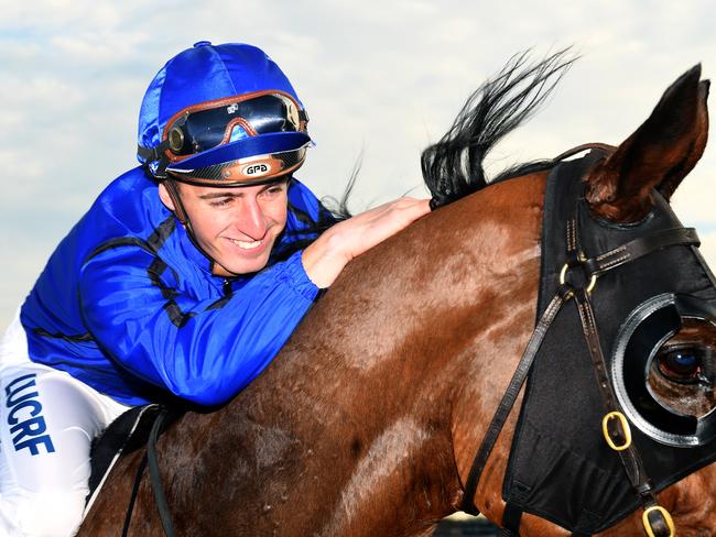 Repeat performance? Jockey Josh Adams and Happy Clapper after they combined to win the Tramway Stakes at Randwick. Picture: AAP