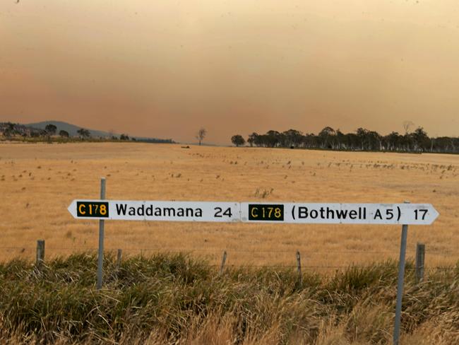 Dark clouds of smoke blow southeast from bushfires burning near Waddamana, Bronte Park, Shannon, Lake Echo and Pine Tier Lagoon. Picture: PATRICK GEE