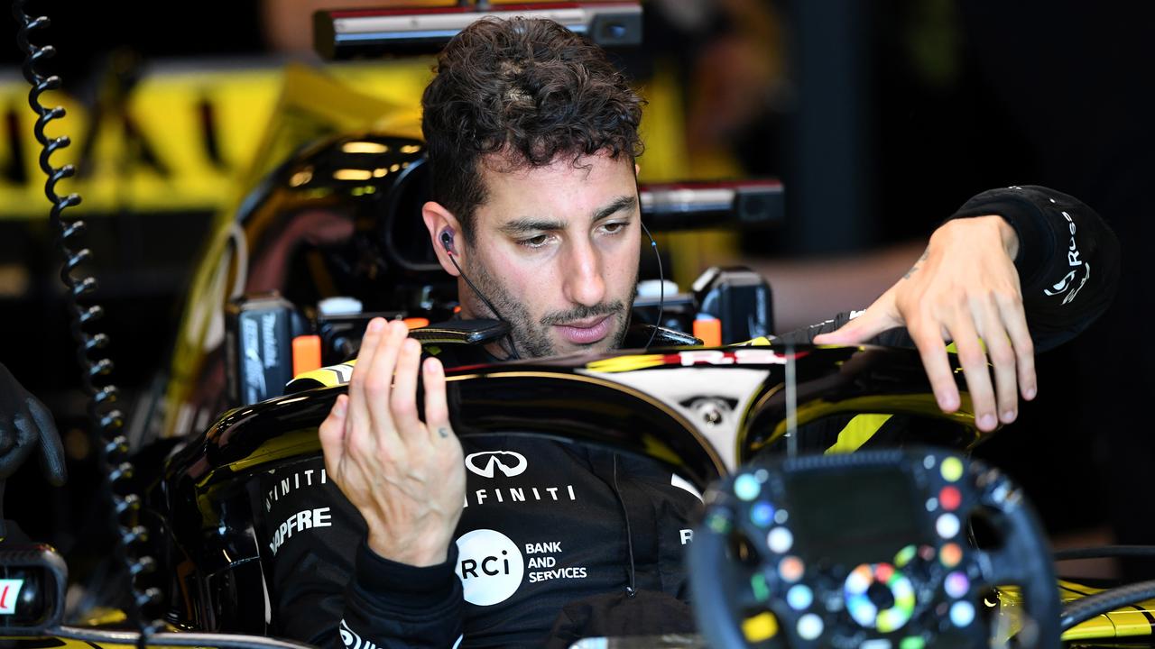 Daniel Ricciardo reacts after completing the first practice session.