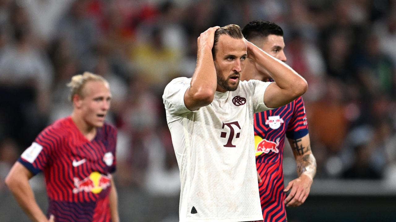 MUNICH, GERMANY - AUGUST 12: Harry Kane of Bayern Munich reacts during the DFL Supercup 2023 match between FC Bayern MÃ¼nchen and RB Leipzig at Allianz Arena on August 12, 2023 in Munich, Germany. (Photo by Christian Kaspar-Bartke/Getty Images)