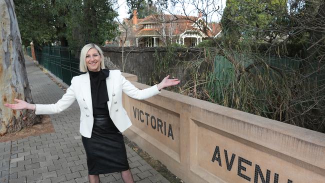 Unley Park was always going to be right up there on the most-expensive list. Ouwens Casserly agent Cynthia Sajkunovic on the suburb’s boulevard of dreams, Victoria Ave, in front of one of the grand homes the suburb is prized for. Picture Dean Martin