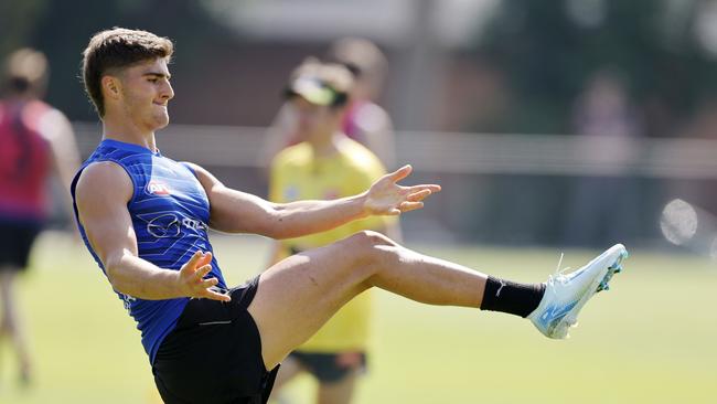 NCA. MELBOURNE, AUSTRALIA. 6th February, 2025. North Melbourne training at Arden Street. Harry Sheezel of the Kangaroos kicks at goal. Picture: Michael Klein