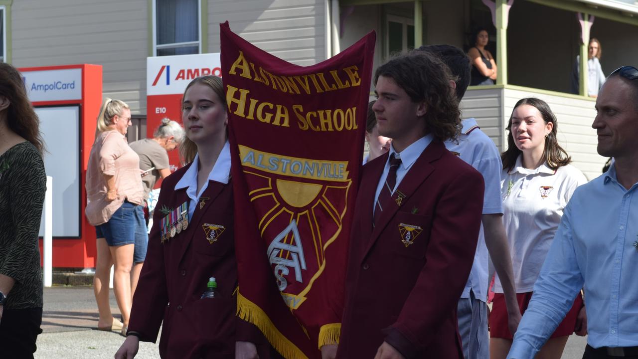 The captains of Alstonville High School lead their cohort through Main Street during the ANZAC DAY parade in Alstonville Picture: Nicholas Rupolo.