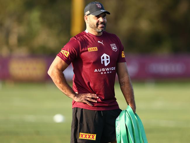 GOLD COAST, AUSTRALIA - JUNE 02: Former Queensland player Greg Inglis during a Queensland Maroons State of Origin training session at Sanctuary Cove on June 02, 2022 in Gold Coast, Australia. (Photo by Chris Hyde/Getty Images)