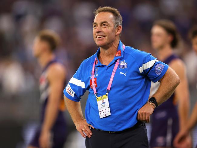 PERTH, AUSTRALIA - MARCH 25: Alastair Clarkson, Senior Coach of the Kangaroos looks on after winning the round 2 AFL match between the Fremantle Dockers and North Melbourne Kangaroos at Optus Stadium, on March 25, 2023, in Perth, Australia. (Photo by Paul Kane/Getty Images)